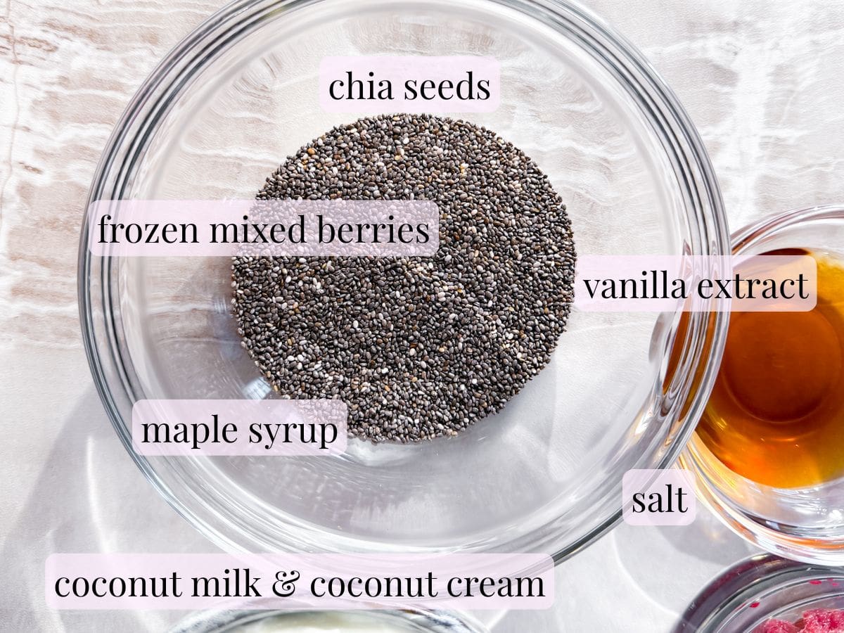 Berry chia pudding ingredients.