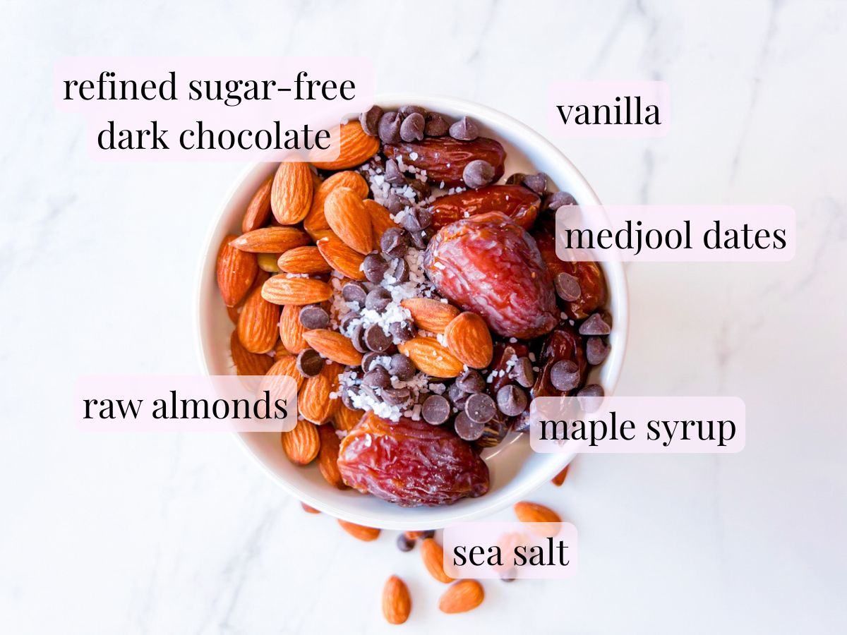 Ingredients for the date ball recipe labeled.