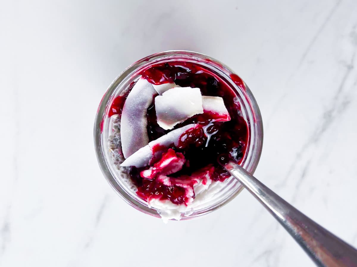 Finished berry chia pudding.