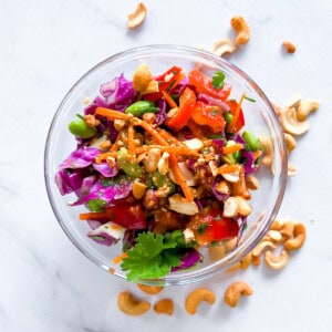 Finished Thai crunch salad with peanut dressing.