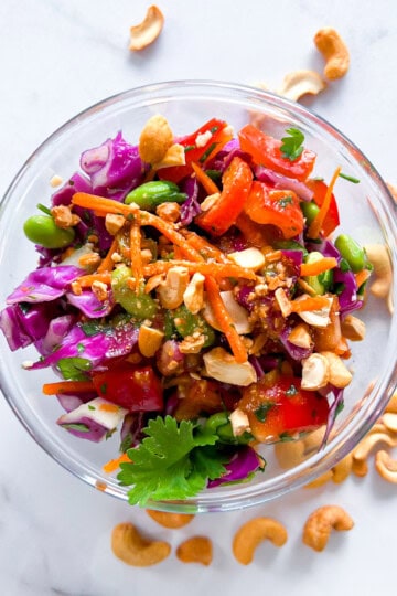 Finished Thai crunch salad with peanut dressing.