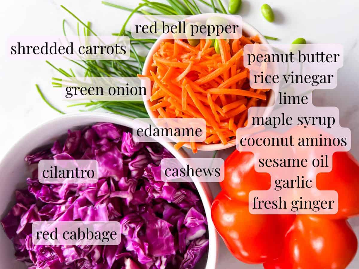 Thai crunch salad with peanut dressing ingredients.