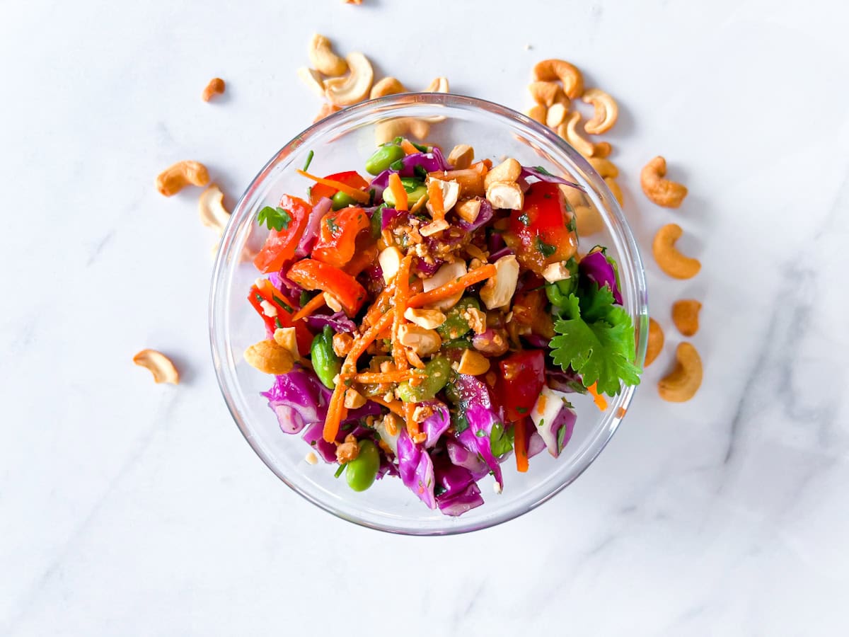 Finished Thai crunch salad with peanut dressing.