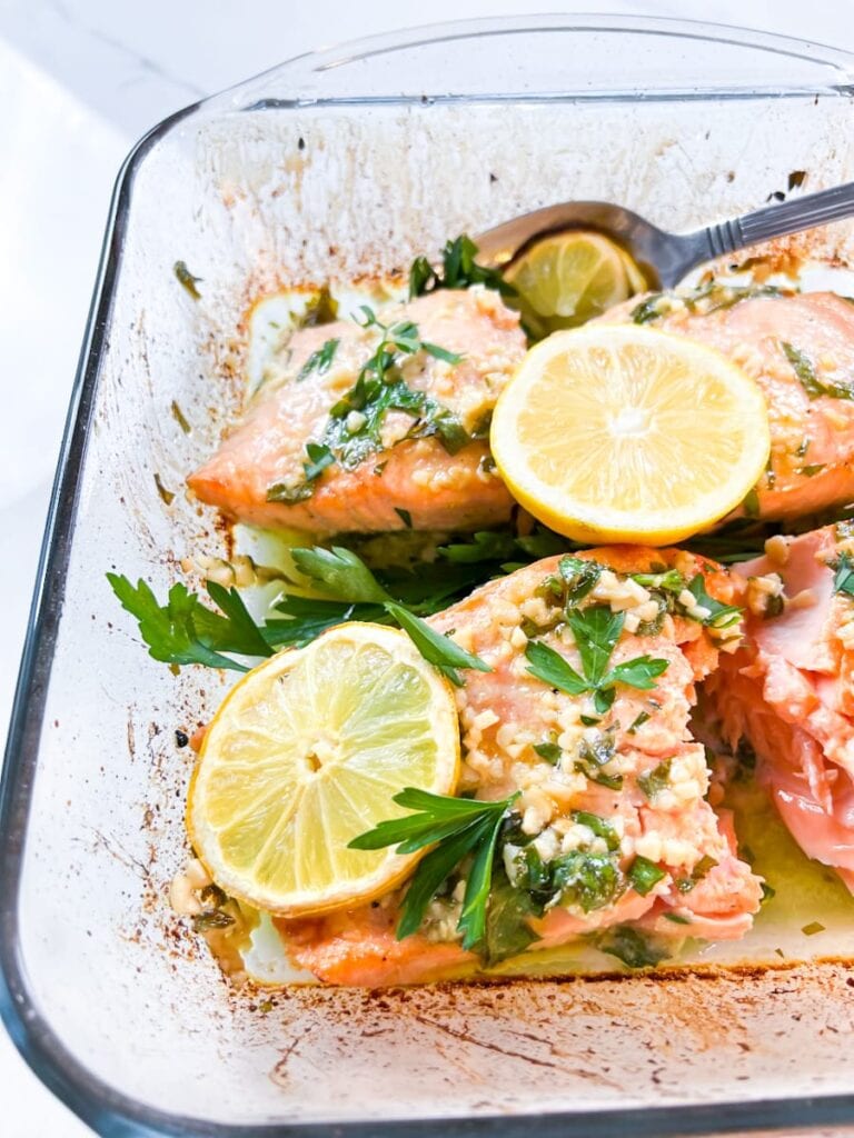 Salmon in the dish.