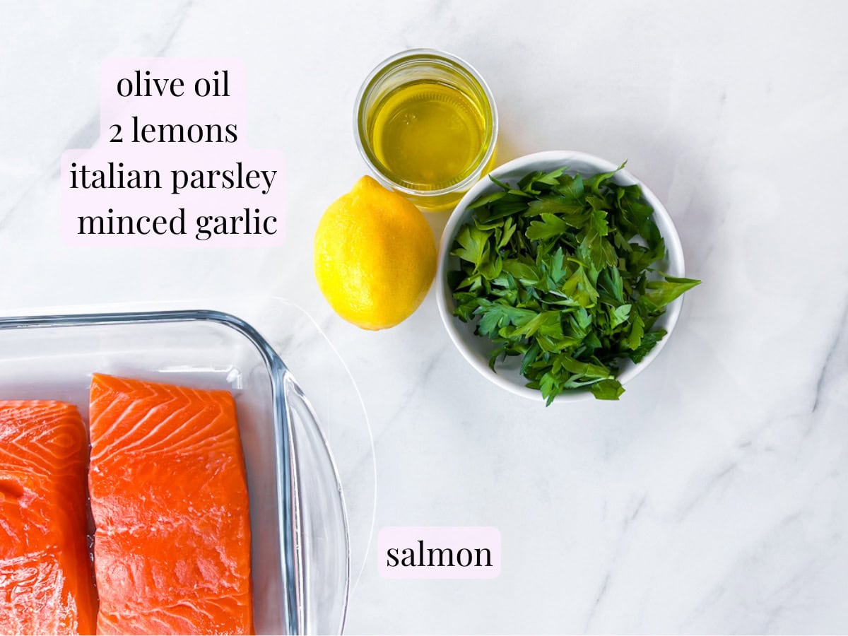 Mediterranean salmon, lemon, parsley, and olive oil on a counter labeled.