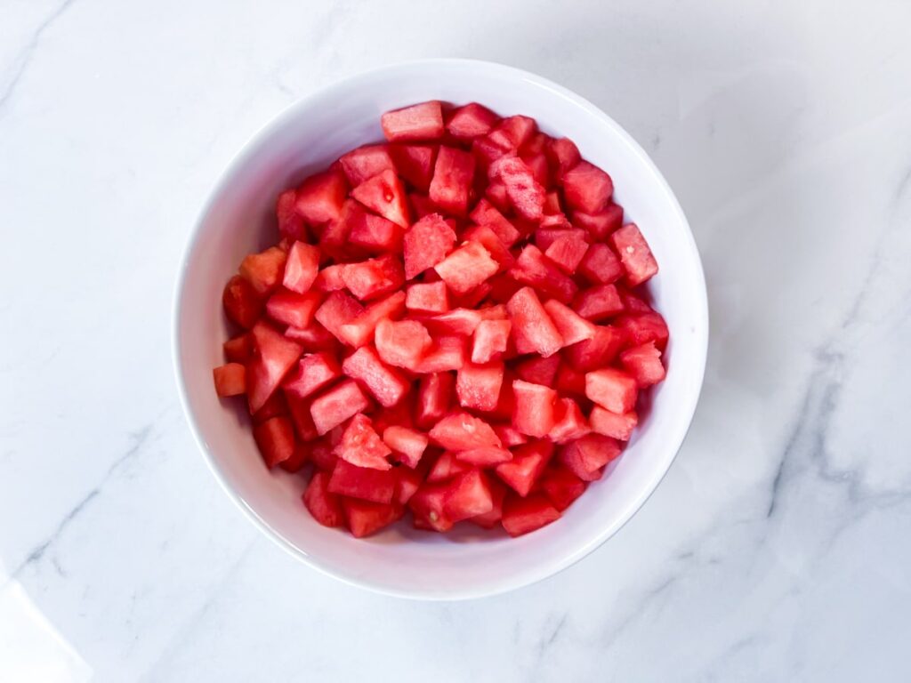 Watermelon cubes in a bowl.