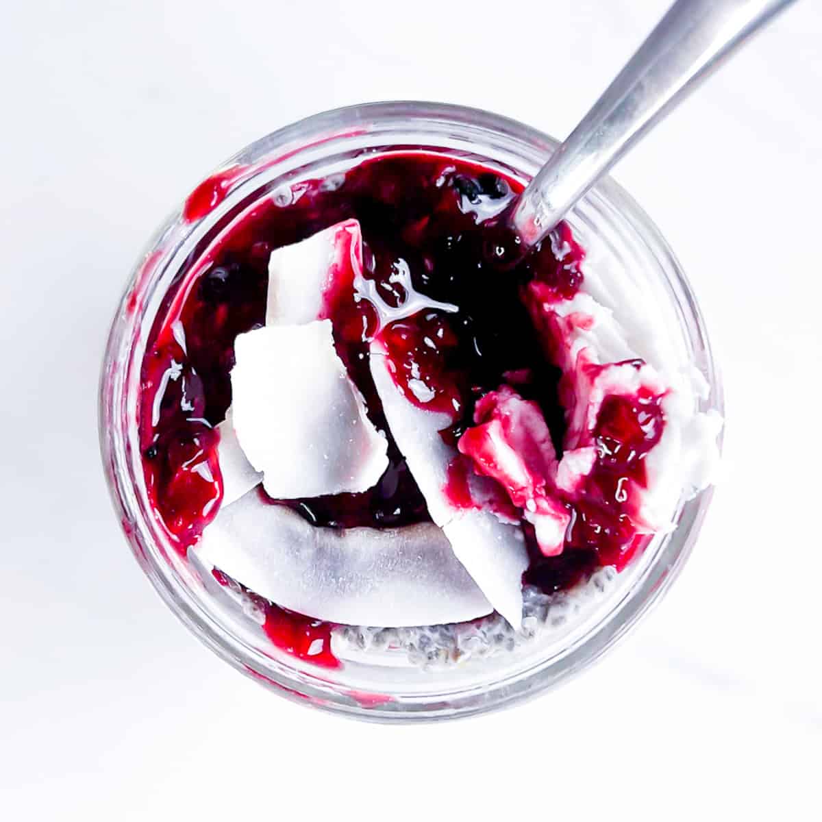 Finished berry coconut berry chia pudding.