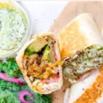 Buffalo Chicken wrap cut in half.