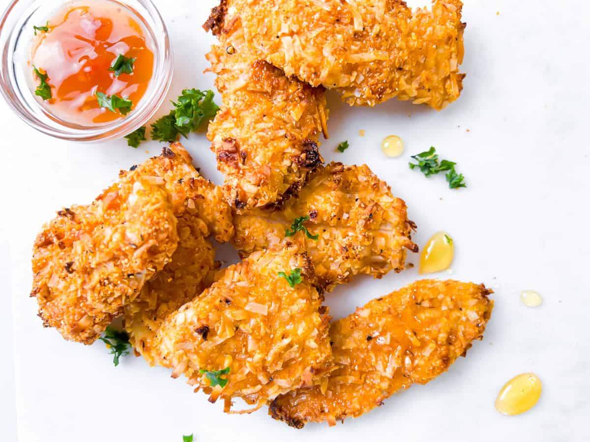 Coconut crusted chicken with a Thai chili dipping sauce.