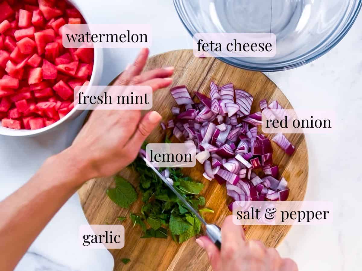 Watermelon feta salad with mint ingredients.