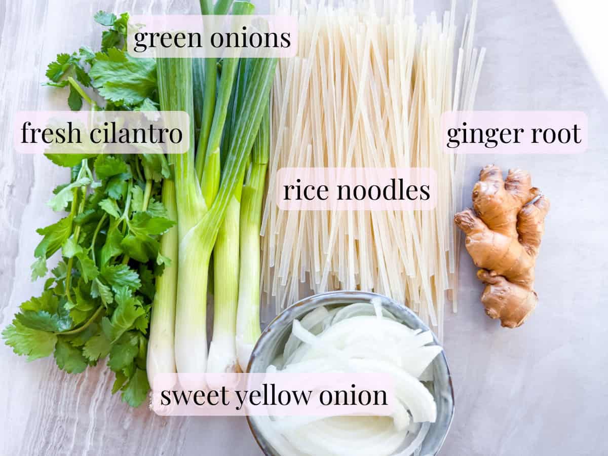 Labeled ingredient photo for the asian chicken noodle soup of cilantro, green onions, rice noodles, ginger, and onions.