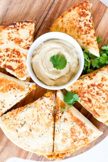 Vegan buffalo chickpea quesadillas.