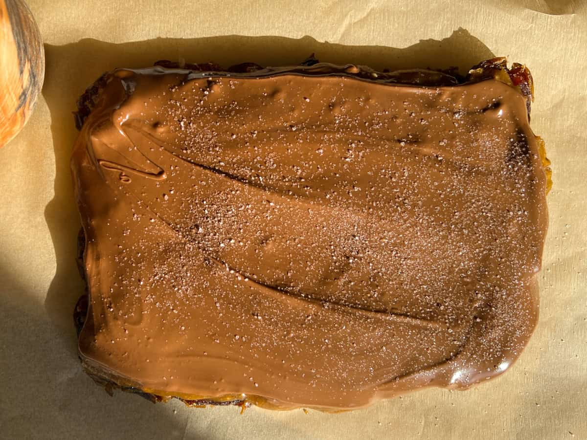 Chocolate layered on the date bark.