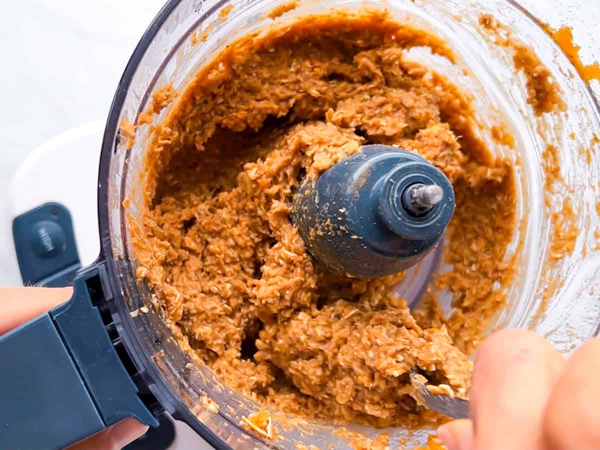 Sweet potato bar ingredients blended in a food processor.