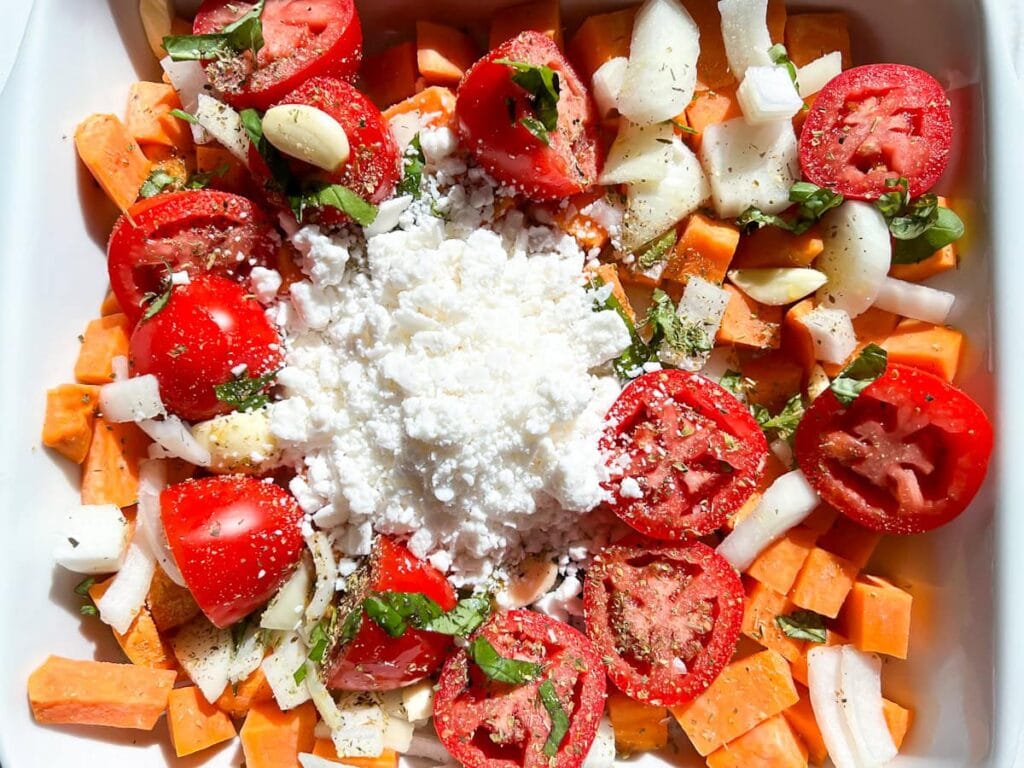 Ingredients in the baking dish.