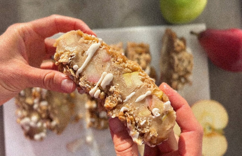 Holding the apple pear bread.