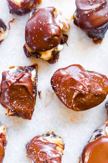 Date snickers covered in chocolate.