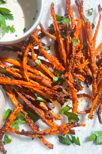 Finished roasted carrots with whipped feta.