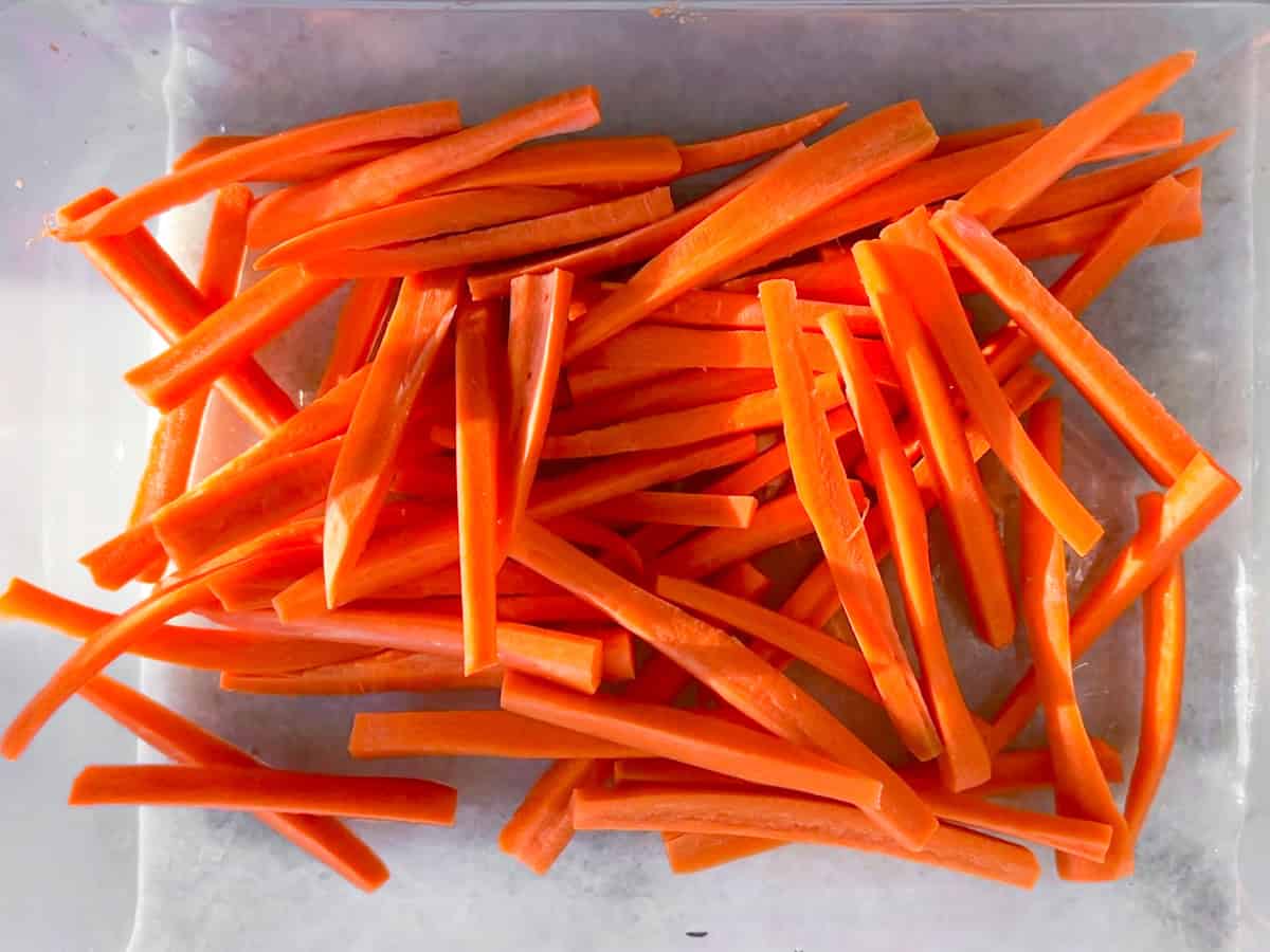 Carrots cut and peeled.