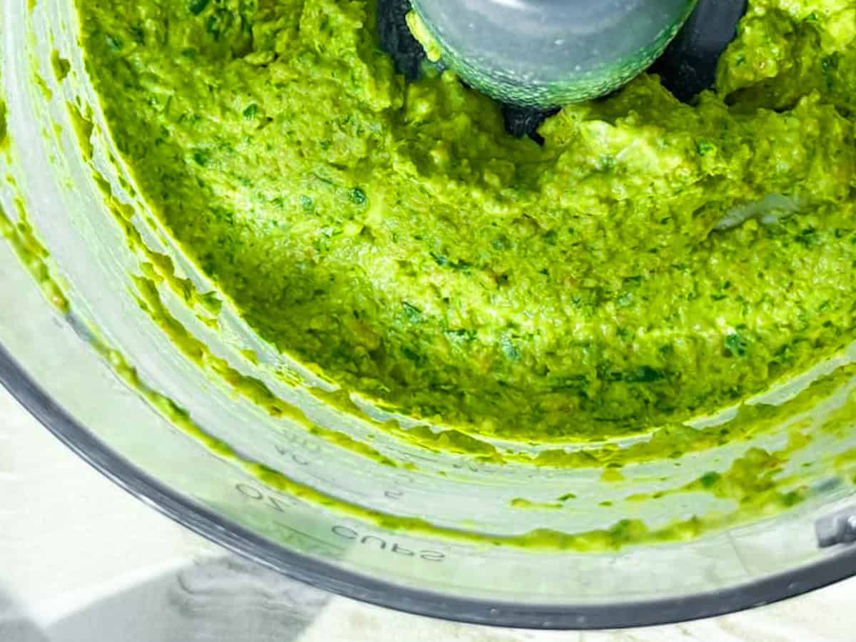 Pesto blended in the food processor. 