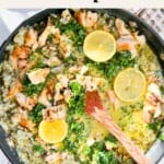 Chicken piccata soup in a pan.