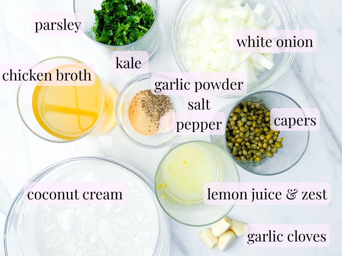 Chicken piccata soup ingredients in bowls and labeled.