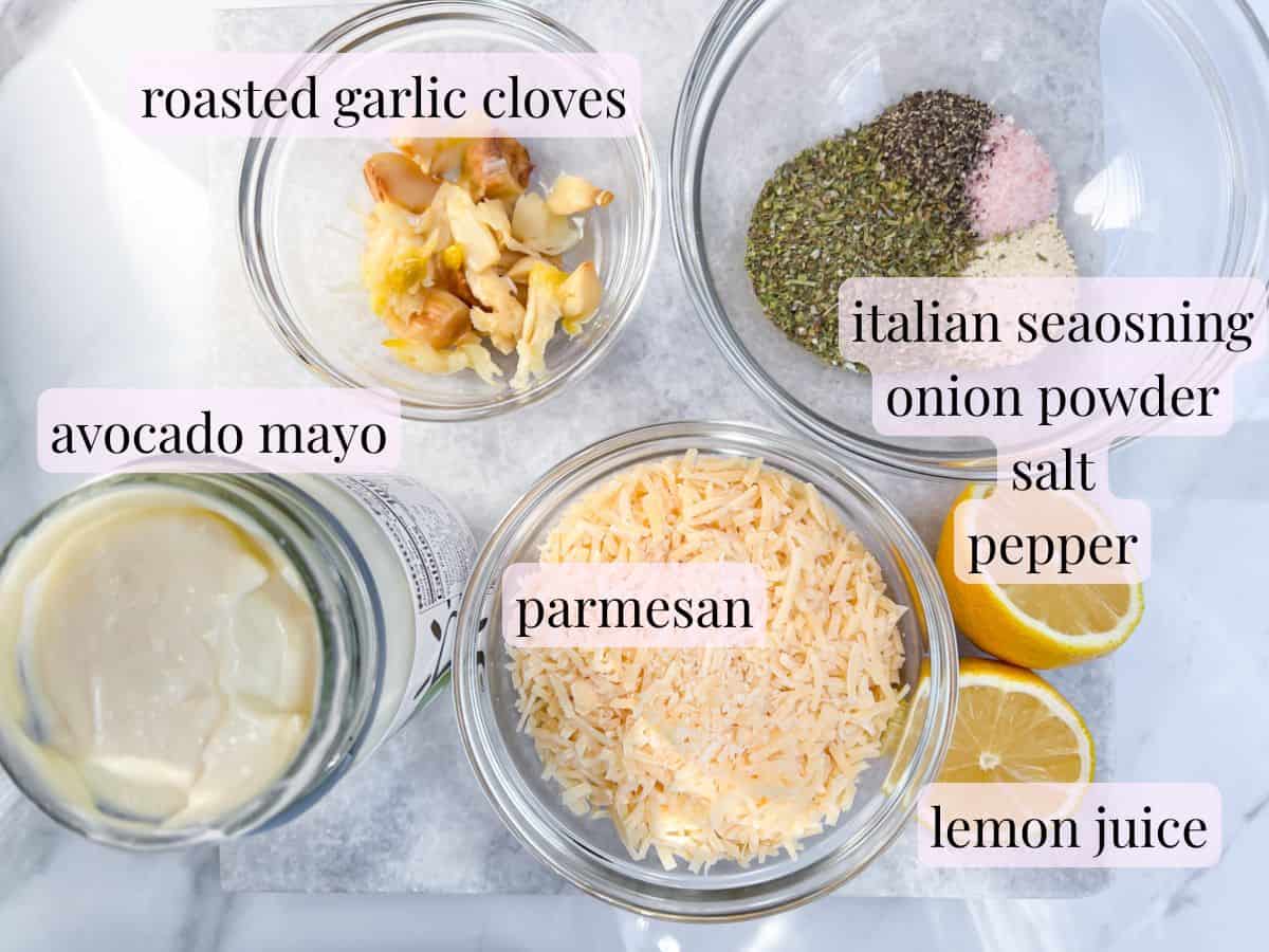 Garlic parmesan sauce ingredients labeled.