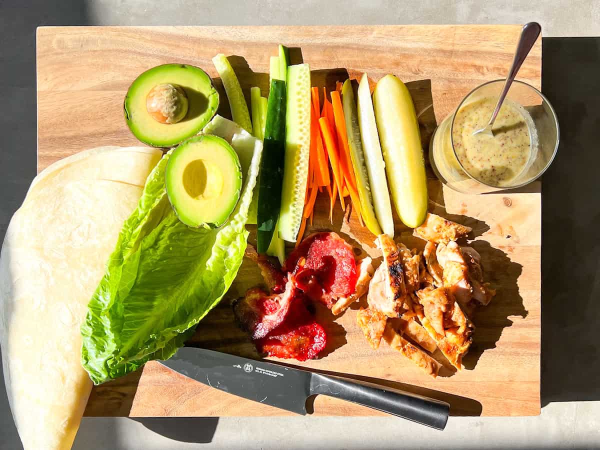 Chicken wrap ingredients cut and ready to assemble.