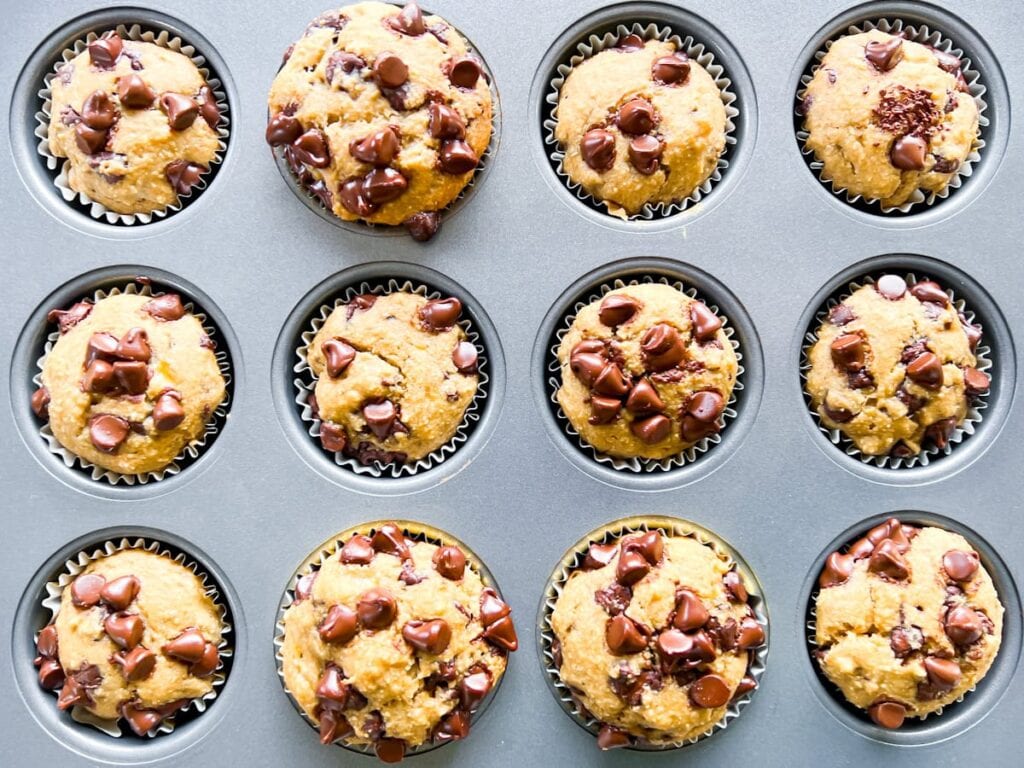 Banana Chocolate Chunk Muffins in the pan.