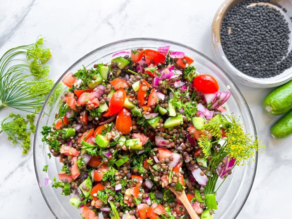 Lentil tabbouleh for cava bowls.