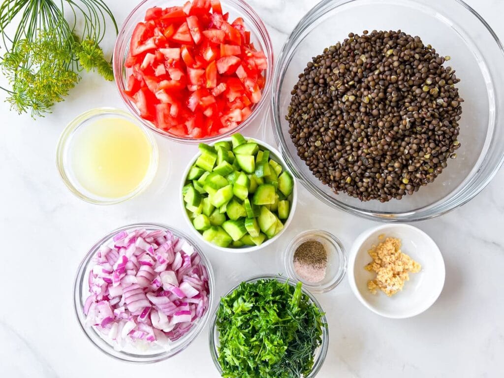 Lentil tabbouleh salad recipe ingredients.