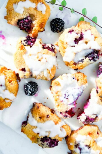 Gluten-Free Blackberry Scones on a marble cutting board.