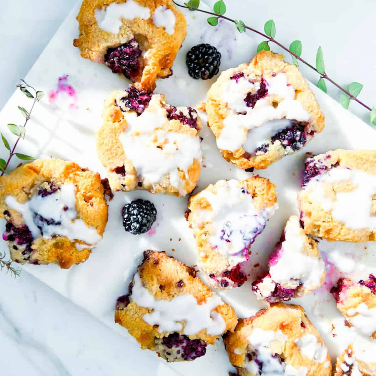 Gluten-Free Blackberry Scones on a marble cutting board.