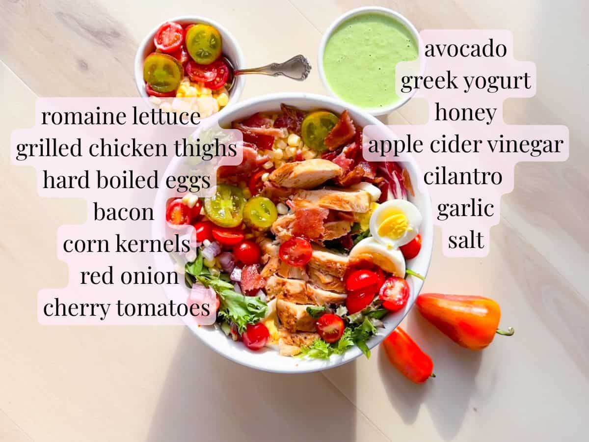Chick-fil-a cobb salad finished with ingredients labeled.