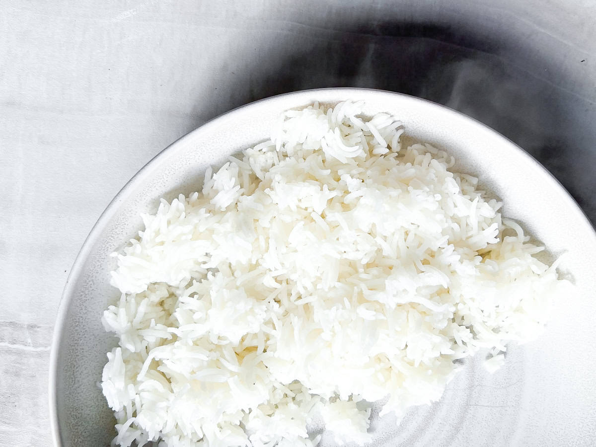 Bowl of cooked rice.