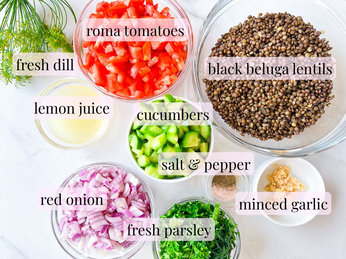 Lentil tabbouleh ingredients in bowls and labeled.