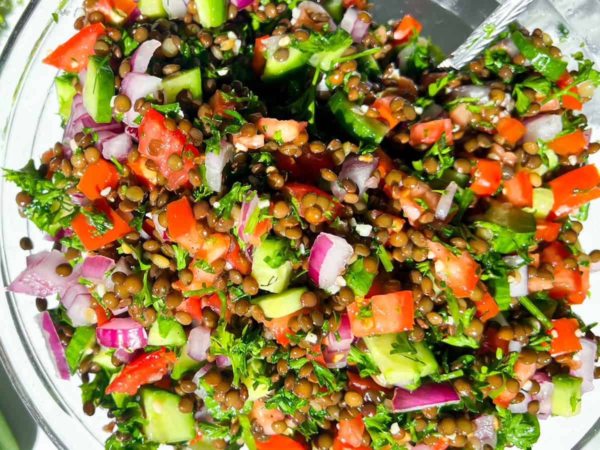 Lentil tabbouleh salad with lentils, tomatoes, cucumber, onions, and herbs.