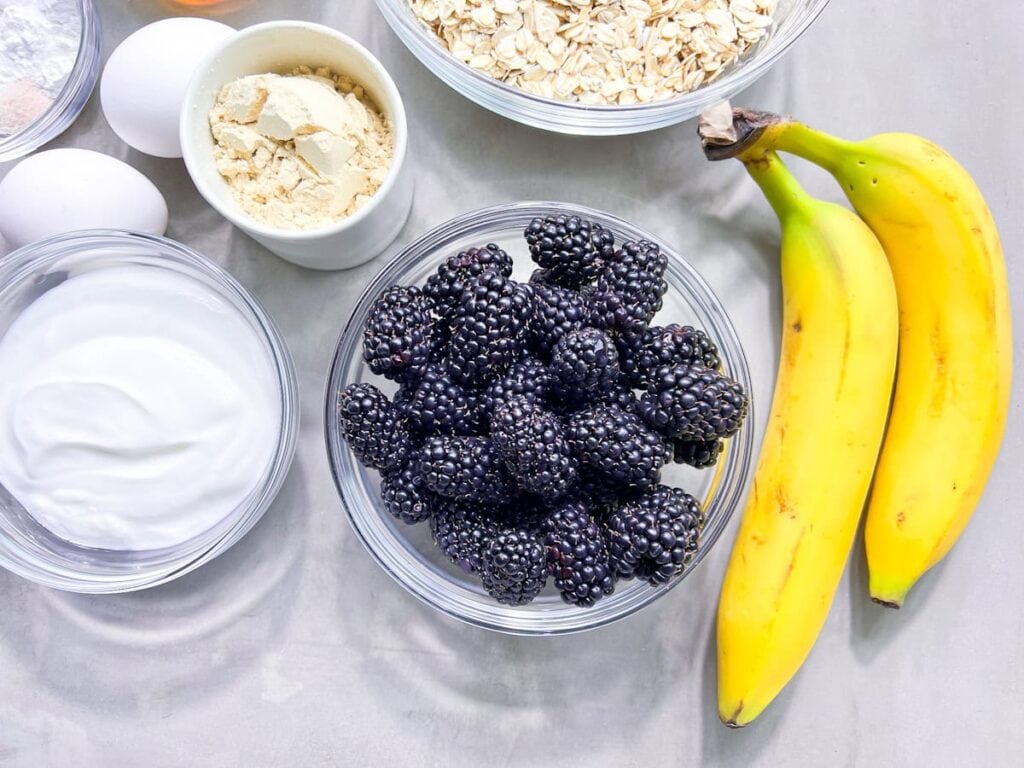 Banana blackberry oatmeal muffin ingredients.