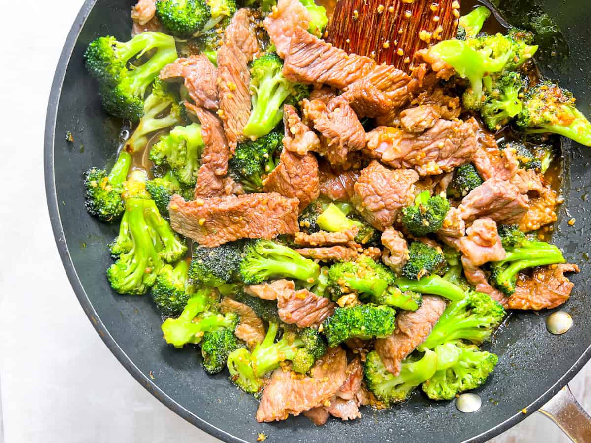 Flank steak and broccoli mixed together for the panda express broccoli beef recipe.