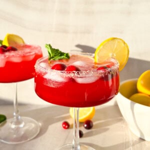 Cranberry Ginger Beer Mocktail with a lemon slice on the rim.