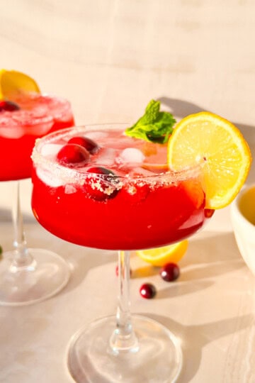 Cranberry Ginger Beer Mocktail with a lemonslice on the rim.