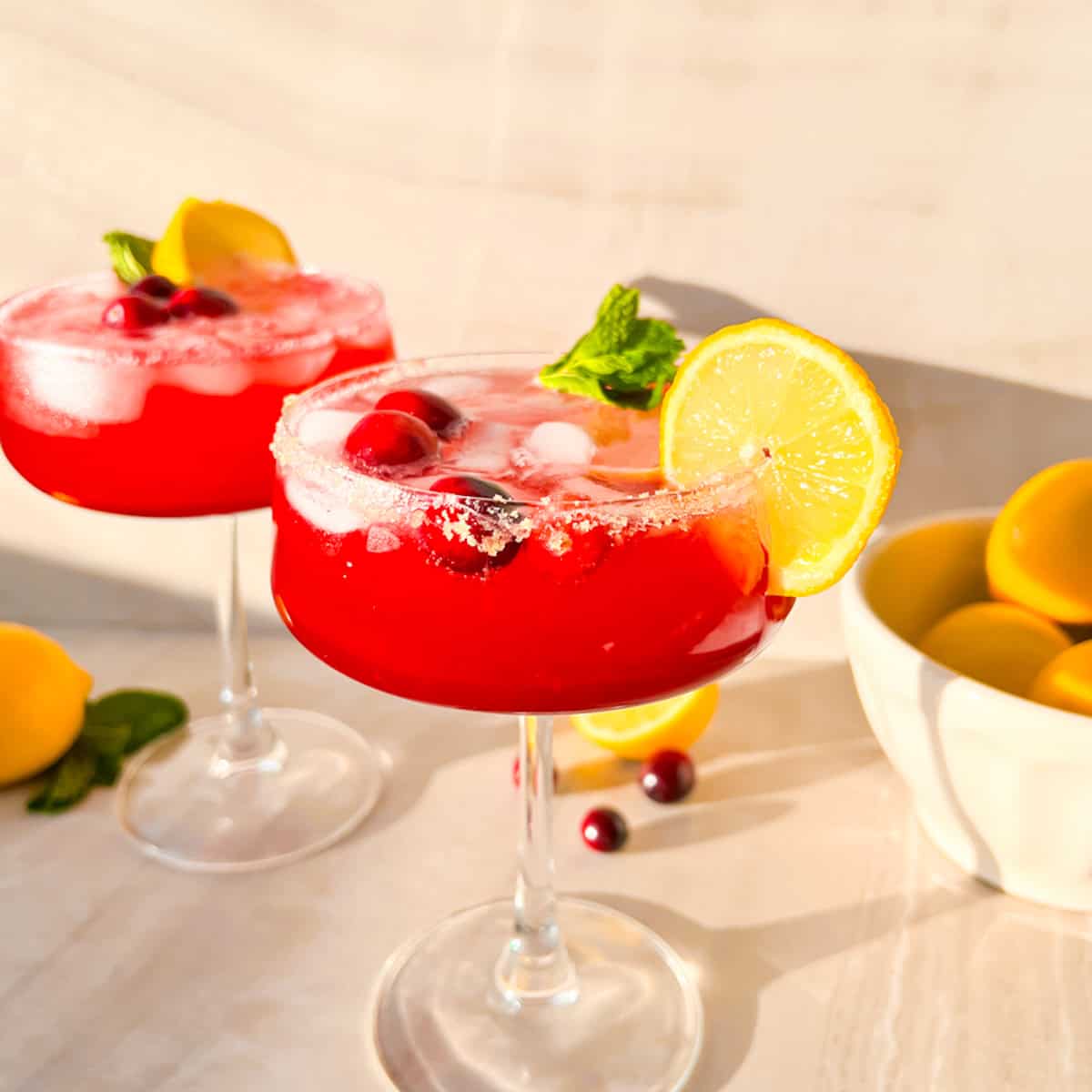 Cranberry Ginger Beer Mocktail with a lemonslice on the rim.