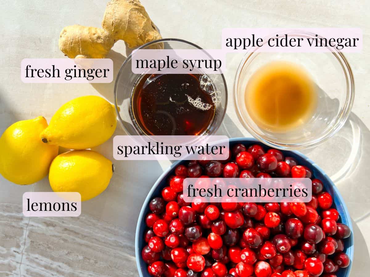 Ingredients for the cranberry ginger beer mocktail labeled.