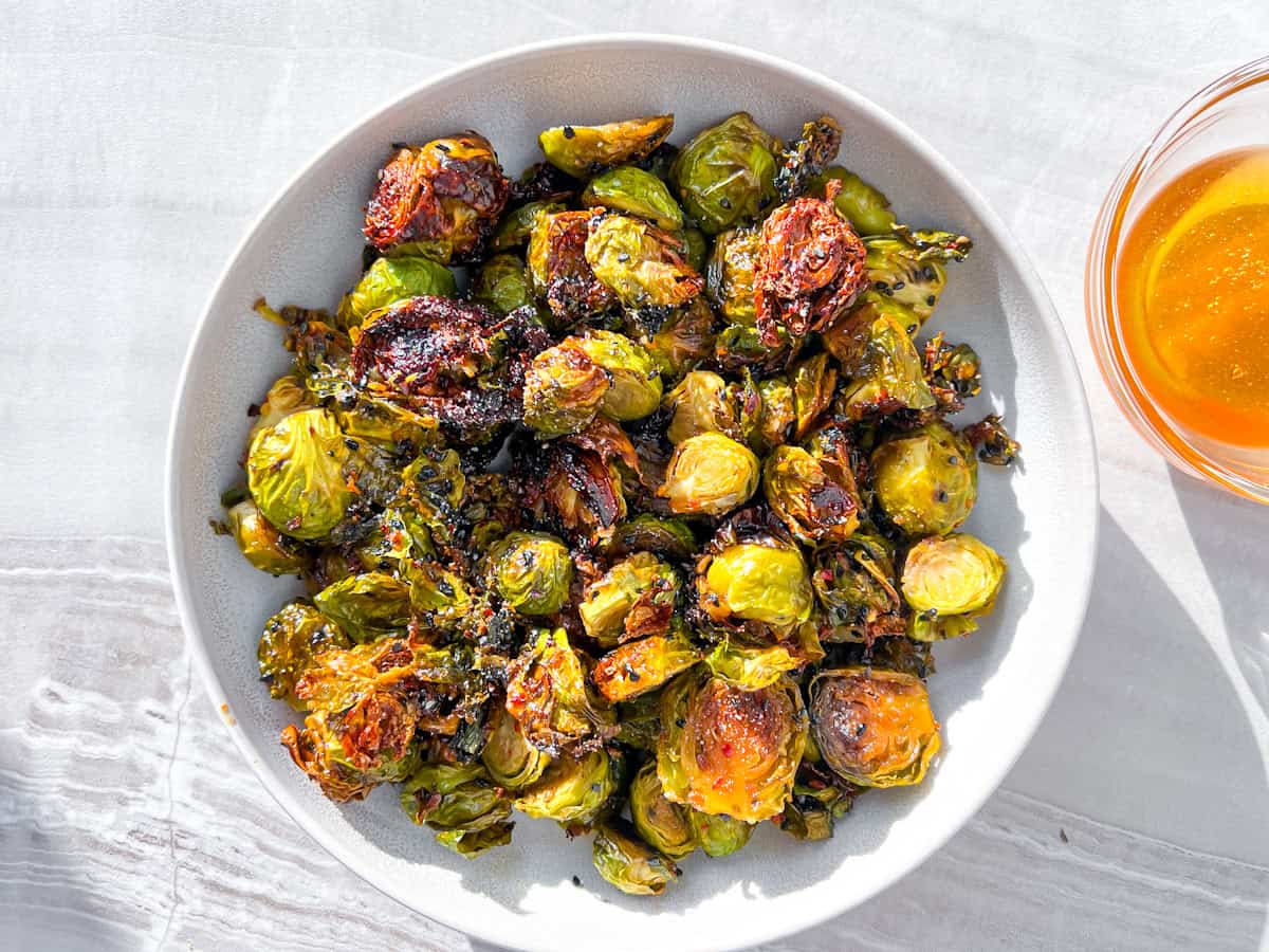 Finished hot honey brussel sprouts.
