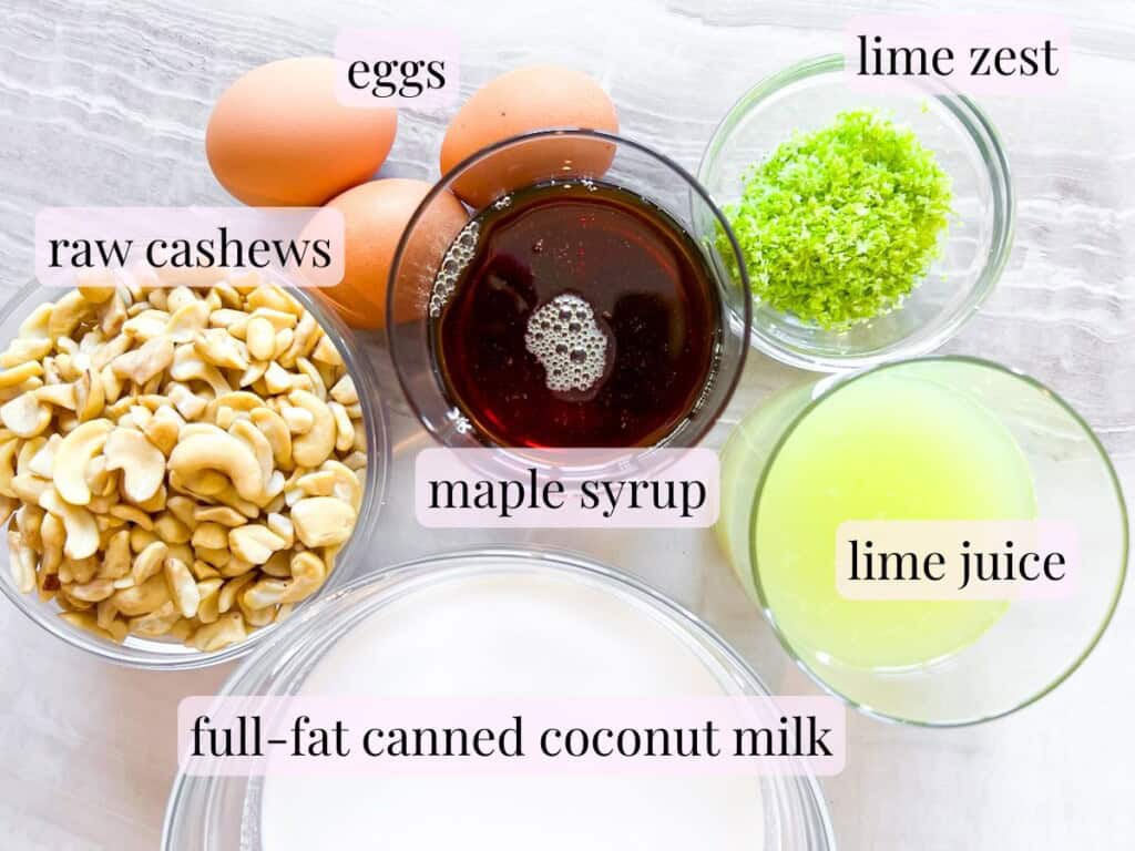 Ingredient photo of the pie filling ingredients in clear bowls.