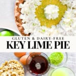 Key lime pie with the ingredients in bowls below it.