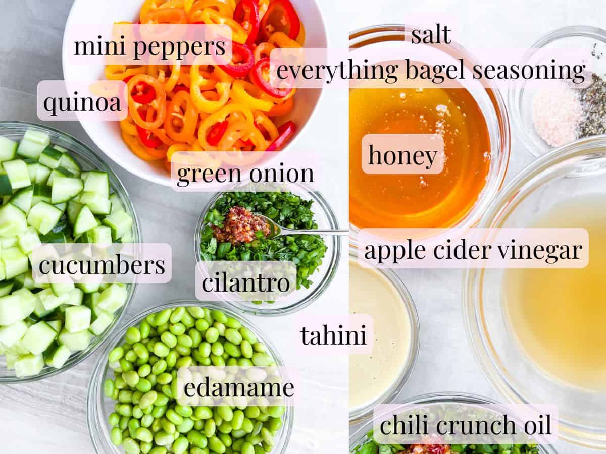 Cucumber Pepper Salad ingredients labeled.