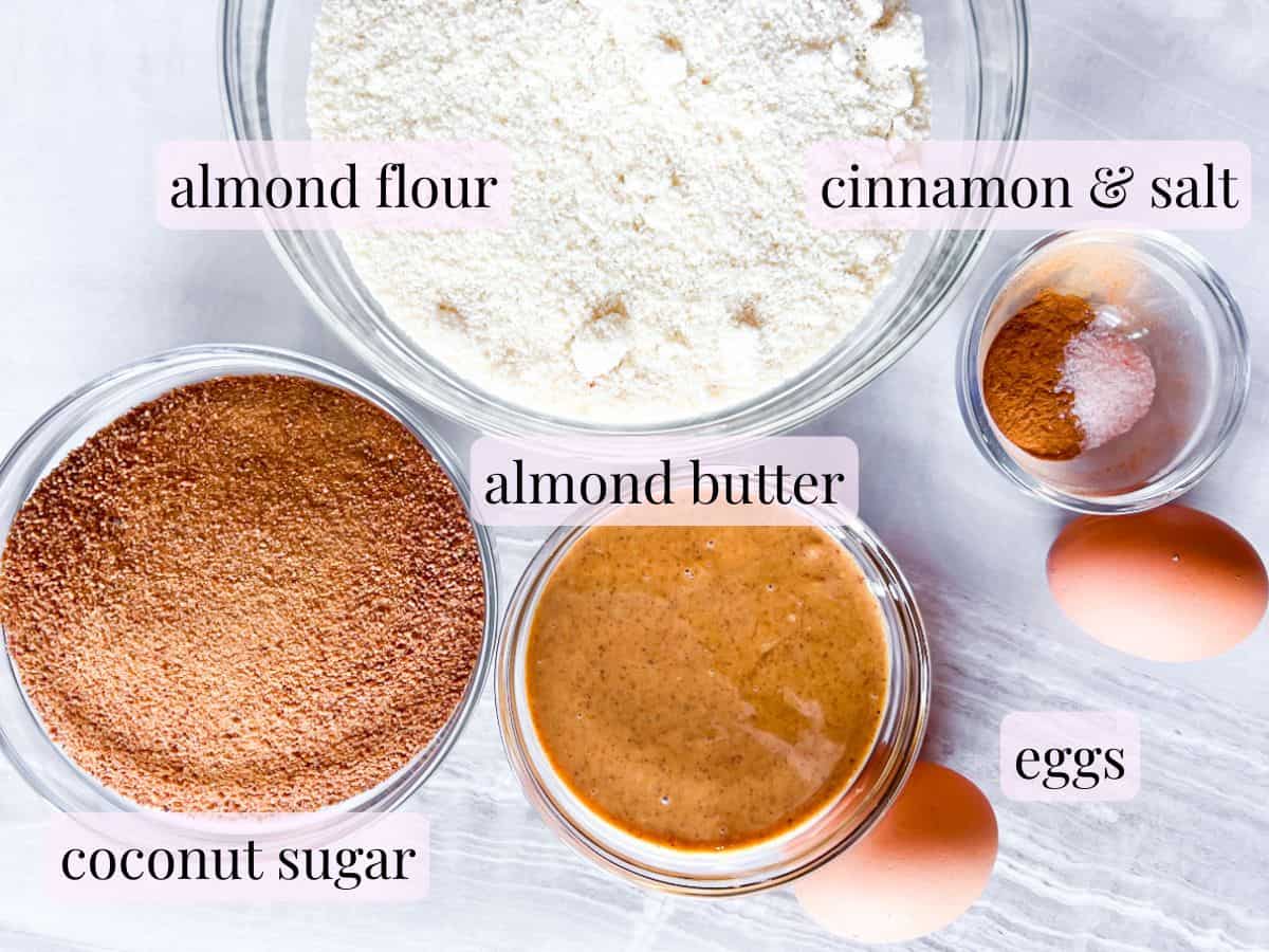 Ingredient photo of the gluten free key lime pie crust ingredients in clear bowls.