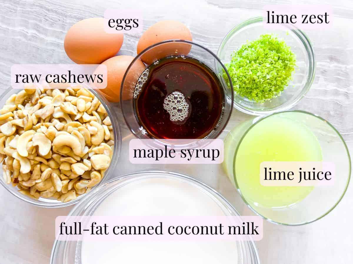 Ingredient photo of the key lime pie filling ingredients in clear bowls.