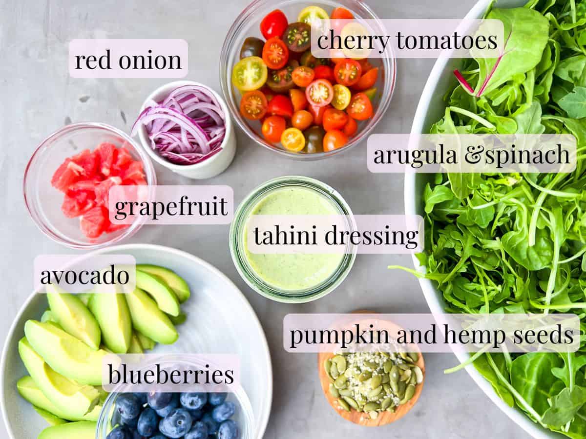 Ingredients for the spinach and arugula salad.